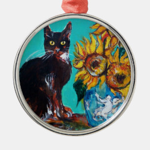 ORNEMENT EN MÉTAL SUNFLOWERS WITH BLACK CAT IN BLUE TURQUOISE