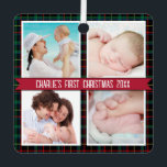 Ornement En Métal Tartan 4 Photo Collage Baby's First Christmas<br><div class="desc">Elégant collage photo personnalisé 4 avec arrière - plan tartan et bande rouge personnalisée.</div>