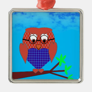 Ornement En Métal Tartan et Chouette des Coeurs