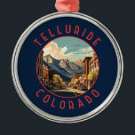 Ornement En Métal Telluride Colorado Cercle en détresse rétro<br><div class="desc">Telluride design de voyage rétro vectoriel dans un style emblème. Telluride,  une ancienne ville minière victorienne située dans les Rocheuses du Colorado,  est située dans un canyon boisé au milieu de sommets boisés,  au pied d'une station de ski et de golf populaire.</div>
