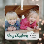 Ornement En Métal Tout Texte 2 Photo Trendy Brossé Vert Script<br><div class="desc">Célébrez les joies simples des vacances avec un ornement en métal carré recouvert de 2 photos. Les images et tout le texte de ce modèle sont faciles à customiser et peuvent être différents ou identiques sur l'avant et le dos. Il peut inclure n'importe quel libellé, comme Joyeux Noël, Joyeux Fêtes,...</div>