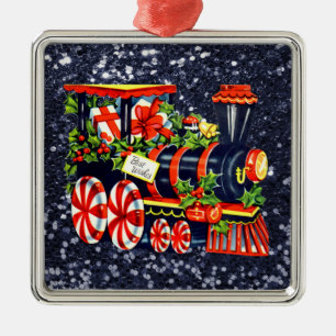 Ornement En Métal Train de Noël bleu à paillettes fausses