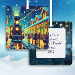 Ornement En Métal Trains vintages sur une nuit de neige Personnalisé<br><div class="desc">Décor de Noël personnalisé en métal. Une gare à l'ancienne le soir de Noël avec des gens qui vont et viennent pour essayer de la ramener chez eux. Vibes de Noël vintage.</div>