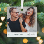 Ornement En Métal Trendy Christmas | Modern Stylish Couple Photo<br><div class="desc">A stylish holiday photo ornament with modern typography “Merry Christmas" in dark forest green and handwritten script typography for the couples name(s) on a clean simple minimalist white background. The photo, name and greeting can be easily customized for a personal touch. A simple, minimalist and contemporary christmas design to stand...</div>
