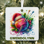 Ornement En Métal Tricot de Noël Amateur Nom personnalisé<br><div class="desc">Knit some Holiday Cheval avec un Ornement de Tricot personnalisé! Célébrez votre amour du tricot en cette période de vacances avec ce décor de charme conçu pour les amateurs de tricots ! Doté d'une boule de fil portant un chapeau de Père Noël douillet tricoté à la main, d'aiguilles de tricot,...</div>