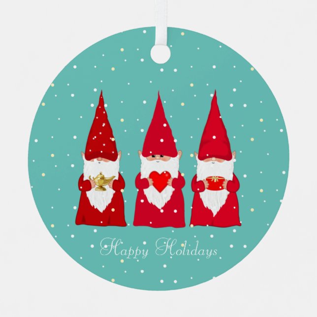 Ornement En Métal Trois Gnomes de Noël en Turquoise (Recto)