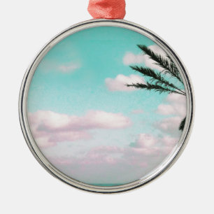 Ornement En Métal Tropical Beach, Ocean View, Pink Clouds, Palm