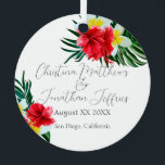 Ornement En Métal Tropical Hawaiian Flowers Elegant Wedding on White<br><div class="desc">This custom ornament features a tropical beach or island wedding theme. The background is a simple and elegant white with colorful,  tropical Hawaiian flowers. Floral bouquets with palm leaves,  hibiscus,  and frangipani flowers accent the borders.</div>