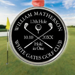 Ornement En Métal Trou de golf en un prix personnalisé<br><div class="desc">Personnalisez le nom,  le numéro du trou de localisation et la date pour créer un grand gardien de golf pour célébrer ce trou fantastique en un. Conçu par Thisisnotme©</div>