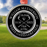 Ornement En Métal Trou de golf personnalisé en noir et blanc<br><div class="desc">Personnalisez le nom,  le numéro du trou de localisation et la date pour créer un grand gardien de golf pour célébrer ce trou fantastique en un. Conçu par Thisisnotme©</div>