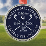 Ornement En Métal Trou de golf sur mesure en un seul prix Navy Blue<br><div class="desc">Personnalisez le nom,  le numéro du trou de localisation et la date pour créer un grand gardien de golf pour célébrer ce trou fantastique en un. Conçu par Thisisnotme©</div>