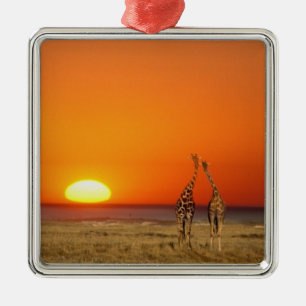 Ornement En Métal Un couple de girafes marche vers le coucher du sol