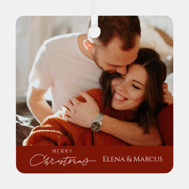 Ornement En Métal Une photo Couple nom Merry Christimas Tree (Recto)