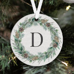 Ornement En Métal Verdure hivernale rustique Monogramme Wreath Bois<br><div class="desc">Elégant "Joyeux Noël" en métal rond ornement design de vacances dispose d'un chic rustique arrière - plan à grains de bois blanc avec une couronne de verdure d'hiver aquarelle encadrant un premier ou un nom de famille monogramme initial. Personnalisez le texte moderne et élégant vert et gris charbon de bois...</div>