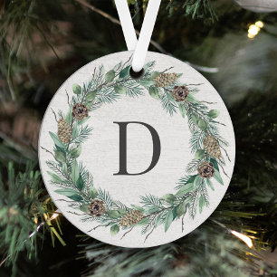Ornement En Métal Verdure hivernale rustique Monogramme Wreath Bois 