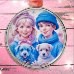 Ornement En Métal Vintage Petit Enfants Noël Personnalisé<br><div class="desc">Jolie petite fille vintage et garçon en casquettes d'hiver rose et bleu tenant des chiots rétro nostalgique ornement de Noël pour ceux qui aiment un Noël à l'ancienne.</div>