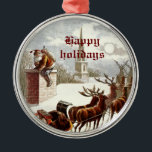 Ornement En Métal Vintage Santa Claus Reindeer<br><div class="desc">Les ornements vintages du Père Noël Reindeer Sleigh,  avec un Père Noël essayant d'entrer dans une maison à travers la cheminée et rennes avec son traîneau de cadeaux.</div>