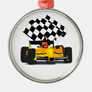 Ornement En Métal Voiture de course jaune avec drapeau À damiers