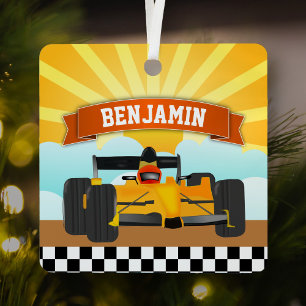 Ornement En Métal Voiture Race Orange Jaune Nom Personnalisé Salle E