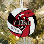 Ornement en métal 🏐 volleyball rouge et noir<br><div class="desc">Ornement de volley-ball présenté dans un rouge foncé, noir et blanc avec do-it-yourself nom et année ou numéro. Impression Sur Deux Côtés. Un grand cadeau pour n'importe quel joueur de volley-ball. 📌 Si vous avez besoin d'une personnalisation plus poussée, cliquez sur le bouton "Cliquez pour Customiser plus loin" ou "Customiser...</div>