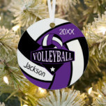 Ornement en métal 🏐 volleyball violet et noir<br><div class="desc">Ornement de volley-ball présenté dans un violet, noir et blanc avec do-it-yourself nom et année ou numéro. Impression Sur Deux Côtés. Un grand cadeau pour n'importe quel joueur de volley-ball. 📌 Si vous avez besoin d'une personnalisation plus poussée, cliquez sur le bouton "Cliquez pour Customiser plus loin" ou "Customiser ou...</div>