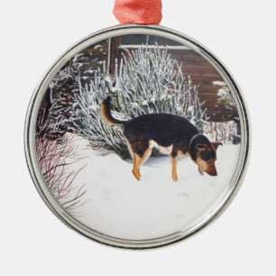 Ornement En Métal Winter snow scene with cute black and tan dog