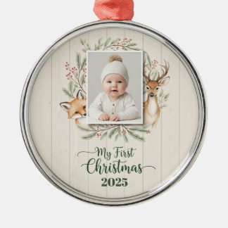 Ornement En Métal Woodland Forest Baby’s First Christmas Ornament