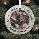 Ornement En Verre 1 Photo Mr & Mrs 1st Christmas Elegant Faux Marble<br><div class="desc">Celebrate a joyful 1st holiday as a married couple with a custom photo "Our First Christmas as Mr. & Mrs." round glass faux marble ornament. Picture and all text on this template are simple to personalize. (IMAGE & TEXT DESIGN TIPS: 1) To adjust position of wording, add spaces at beginning...</div>