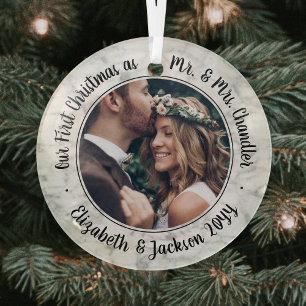 Ornement En Verre 1 Photo Mr & Mrs 1st Christmas Elegant Faux Marble