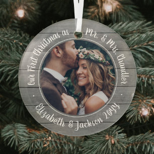 Ornement En Verre 1 Photo Mr & Mrs First Christmas Faux Grey Wood