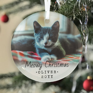 Ornement En Verre 1 Photo Texte personnalisé Joyeux Noël Chat Script