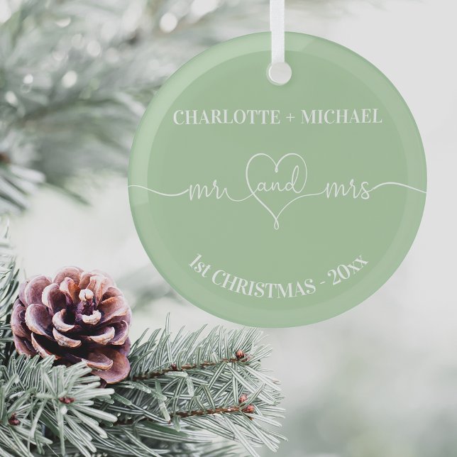 Ornement En Verre 1er Noël jeunes mariés noms coeur sage vert (Créateur téléchargé)