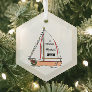 Ornement En Verre 1er Noël Marié 2025   Mignon Thème Marin