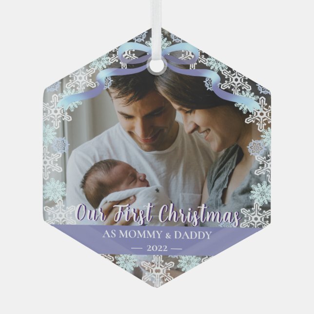 Ornement En Verre 1er Noël Nouveau-né Parents Doux Bleu Tone Personn (Recto)