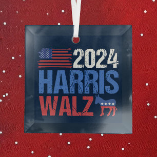 Ornement En Verre 2024 Harris Walz Democrat Donkey Blue Christmas