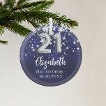 Ornement En Verre 21e anniversaire marine bleu argent étoiles<br><div class="desc">Une couleur bleu marine arrière - plan avec des étoiles faux argent. La couleur bleue est inégale. Ajouter votre nom,  texte/date</div>
