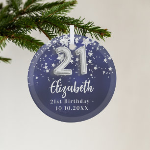 Ornement En Verre 21e anniversaire marine bleu argent étoiles