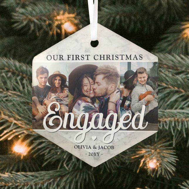 Ornement En Verre 3 Photo 1er Noël Engagé Faux Marble Hexagon (Créateur téléchargé)