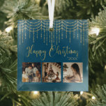 Ornement En Verre 3 Photo Collage Rustique Blue Garland Lumières<br><div class="desc">"Joyeux Noël" en belle fausse écriture d'or sur un arrière - plan bleu. Remplacez les photos par 3 de vos photos préférées personnelles. Les lumières en faux fil d'or ajoutent à la beauté de cet ornement. Changez l'année et quel beau ornement. Élégant. Si simple,  mais chic.</div>