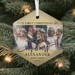 Ornement En Verre 3 Photo Mr & Mrs 1st Christmas Faux Gold Foil<br><div class="desc">Célébrez un 1er jour férié joyeux en couple marié avec un collage photo personnalisé 3 "Notre premier Noël en tant que Monsieur. & Mme" ornement en verre hexagone noir et or. Toutes les formulations et les images de ce modèle sont simples à personnaliser. (CONSEIL EN MATIÈRE DE PLACEMENT D'IMAGE :...</div>