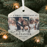 Ornement En Verre 3 Photo Mr & Mrs 1st Christmas Faux Marble Hexagon<br><div class="desc">Célébrez un 1er jour férié joyeux en couple marié avec un collage photo personnalisé 3 "Notre premier Noël en tant que Monsieur. & Mme" ornement en forme d'hexagone. Toutes les formulations et les images de ce modèle sont simples à personnaliser. (CONSEIL EN MATIÈRE DE PLACEMENT D'IMAGE : Une façon simple...</div>