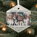Ornement En Verre 3 Photo Nouveaux mariés 1er Noël Marié Faux Marbre<br><div class="desc">Célébrez un 1er jour férié joyeux en tant que Monsieur. & Mme avec un collage photo personnalisé 3 "Notre premier mariage de Noël" ornement hexagone en verre. Toutes les formulations et les images de ce modèle sont simples à personnaliser. Si vous préférez, la typographie de script peut lire "Ensemble" ou...</div>