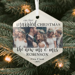 Ornement En Verre 3 Photo Premier Marié Noël Nouveaux mariés Hexagon<br><div class="desc">Célébrez un 1er jour férié joyeux comme de jeunes mariés avec un collage photo personnalisé 3 "Notre premier Noël marié" ornement en forme d'hexagone. Les images et le libellé de ce modèle sont simples à personnaliser. (CONSEIL EN MATIÈRE DE PLACEMENT D'IMAGE : Une façon simple de centrer une photo exactement...</div>