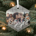 Ornement En Verre 3 Photo Premier Noël Engagé Gris Faux Bois<br><div class="desc">Célébrez le 1er jour férié joyeux de votre fiançailles avec un collage photo personnalisé 3 "Notre premier Noël Engagé" en faux bois gris en forme d'hexagone ornement en verre. Toutes les formulations et images de ce modèle sont simples à personnaliser. (CONSEIL EN MATIÈRE DE PLACEMENT D'IMAGE : Une façon simple...</div>
