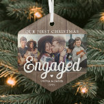 Ornement En Verre 3 Photo Premier Noël Engagé Rustic Faux Wood<br><div class="desc">Célébrez le 1er jour férié joyeux de votre fiançailles avec un collage photo personnalisé 3 "Our First Christmas Engaged" en forme d'hexagone ornement en verre. Toutes les formulations et images de ce modèle sont simples à personnaliser. (CONSEIL EN MATIÈRE DE PLACEMENT D'IMAGE : Une façon simple de centrer une photo...</div>