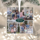 Ornement En Verre 4 Photo Collage Nom de famille & Année Vert & Blan<br><div class="desc">Célébrez les joies simples des vacances avec un collage photo personnalisé 4 ornement en verre carré vert et blanc. Tous les textes et les images de ce modèle sont simples à personnaliser. (CONSEIL EN MATIÈRE DE PLACEMENT D'IMAGE : Une façon simple de centrer une photo exactement comment vous voulez est...</div>