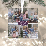 Ornement En Verre 4 Photo Collage Nom de famille et année Purple & B<br><div class="desc">Célébrez les joies simples des vacances avec un collage photo personnalisé 4 ornement en verre carré violet et blanc. Tous les textes et les images de ce modèle sont simples à personnaliser. (CONSEIL EN MATIÈRE DE PLACEMENT D'IMAGE : Une façon simple de centrer une photo exactement comment vous voulez est...</div>
