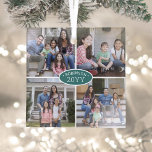 Ornement En Verre 4 Photo Collage Nom de famille et année Turquoise<br><div class="desc">Célébrez les joies simples des vacances avec un collage photo personnalisé 4 ornement turquoise et blanc carré en verre. Tous les textes et les images de ce modèle sont simples à personnaliser. (CONSEIL EN MATIÈRE DE PLACEMENT D'IMAGE : Une façon simple de centrer une photo exactement comment vous voulez est...</div>