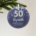 Ornement En Verre 50e anniversaire marine bleu argent étoiles<br><div class="desc">Une couleur bleu marine arrière - plan avec des étoiles faux argent. La couleur bleue est inégale. Ajouter votre nom,  texte/date</div>