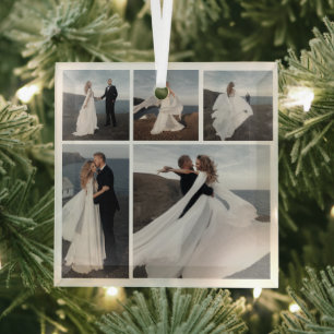 Ornement En Verre 5 Photo Collage Notre premier Mariage de Noël Coup